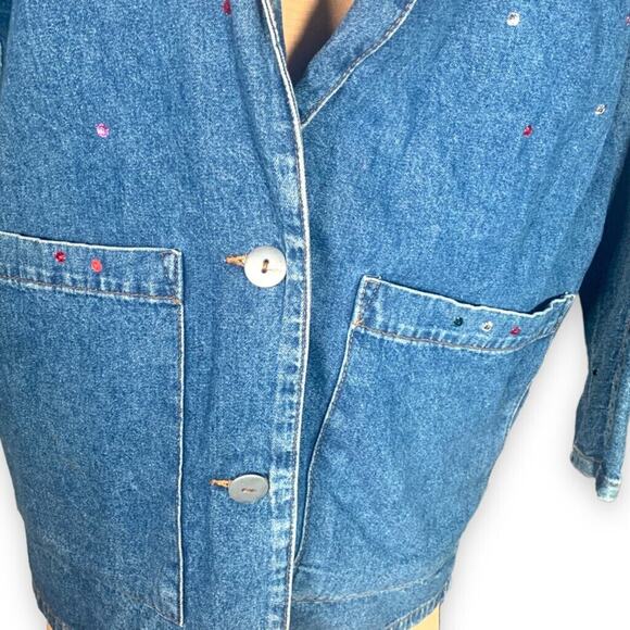 Vintage 90s Match Denim Blazer Jacket Oversized Rhinestone Sequin Jean Coat - Picture 7 of 11